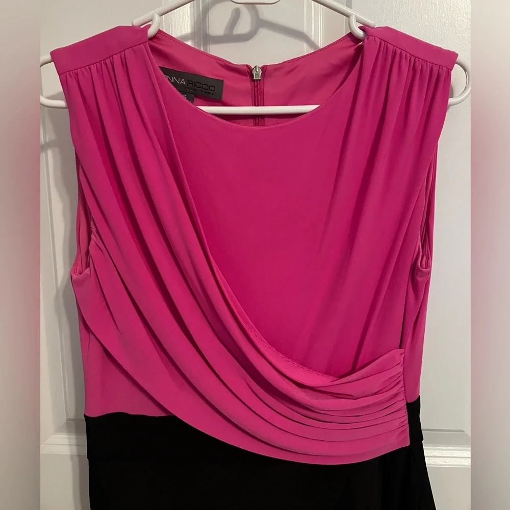 Donna Ricco Sleeveless Midi Wrap Ruched Party Sheath Modest Dress Pink/Black sz6 - Picture 4 of 10